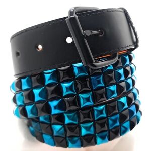 London UK Handmade Sky Blue & Black Checker Pyramid Studded Belt Sizes S M L XL